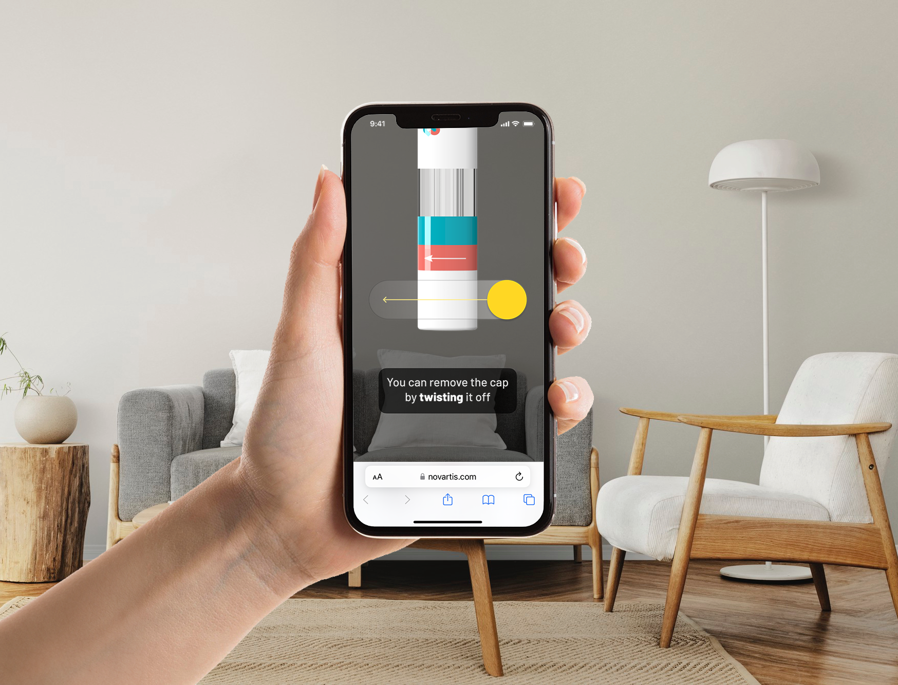 A hand holding a phone showing the virtual practice application